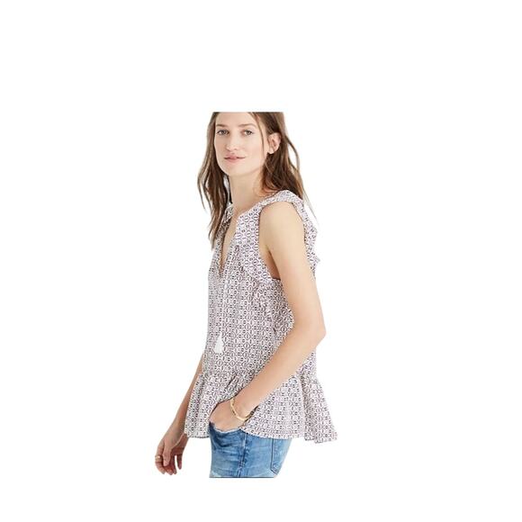 Madewell Lily Ruffle Top XXS Echo Grid Print 100% Silk Sleeveless Tassel Blouse - Picture 1 of 10